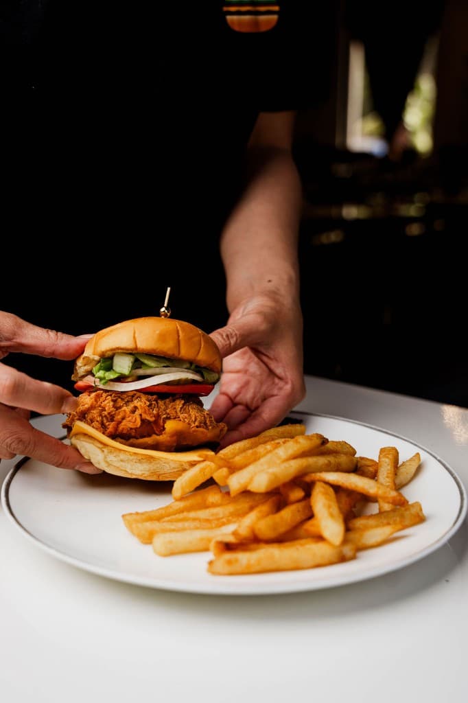 Fried chicken sandwich and fries at Breaking Dawn in Los Gatos
